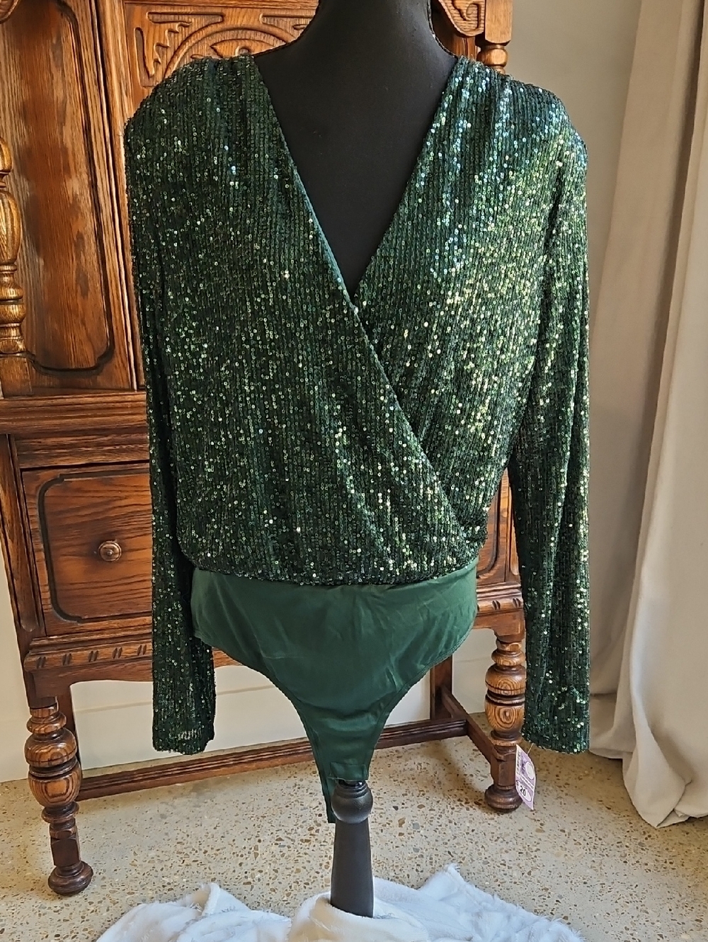 Vanilla Bay VTG Teal Shimmer Sequin Body Suit Top. Size L
